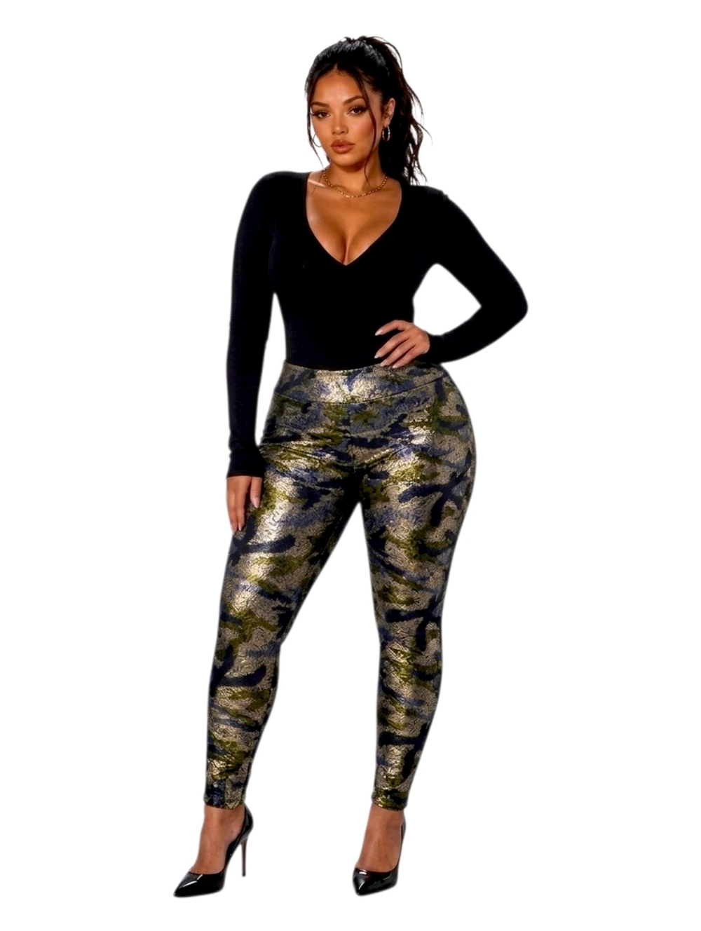 Metallic Gold Camo Foil Leggings - Plus Size 2XL - Liquid Metal Streetwear